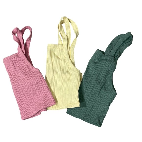 3 American Eagle Ribbed Tank Top Cross Back Cropped Small S Green Pink Yellow Bu - Picture 1 of 12